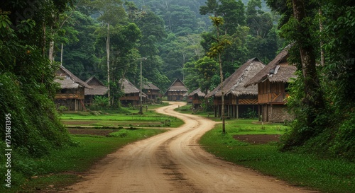 Rural village scene with wooden houses and winding road surrounded by lush green trees on a sunny day