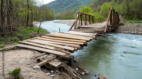 A broken bridge hanging over a river, partially destroyed by the earthquake