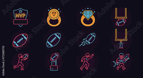 Celebrate game day with vibrant neon football icons, perfect for social media, sports blogs, or branding your team's success, originally a scalable vector graphic