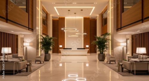 Luxurious hotel lobby interior design with modern furnishings and elegant lighting