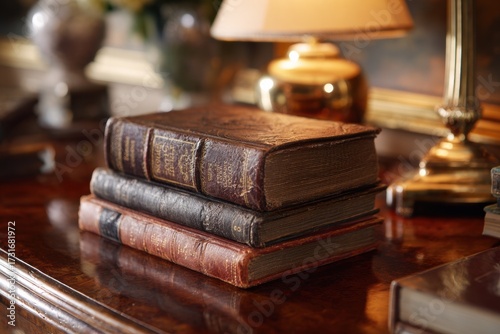 Stacked vintage leather books on oak desk with brass lamp, warm amber lighting, cozy study decor, intellectual theme, commercial use, classic literature, elegant workspace

