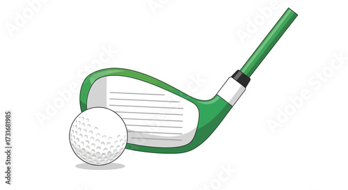 Green golf club poised alongside a clean white golf ball graphic