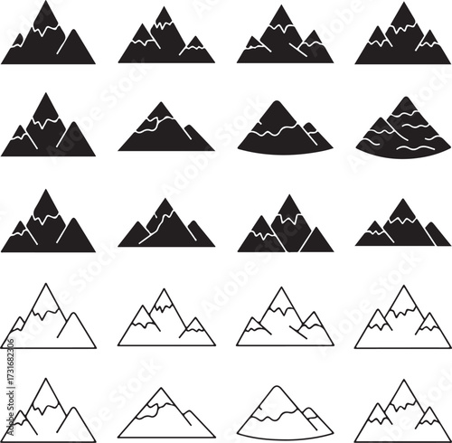 Mountains Icon Set: A series of minimalist mountain icons suitable for outdoor, travel and adventure themed designs, offering versatile design elements in both outline and filled styles.