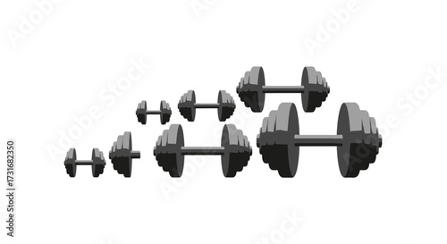 Illustrative array of dumbbells gradually increasing in size on a white backdrop