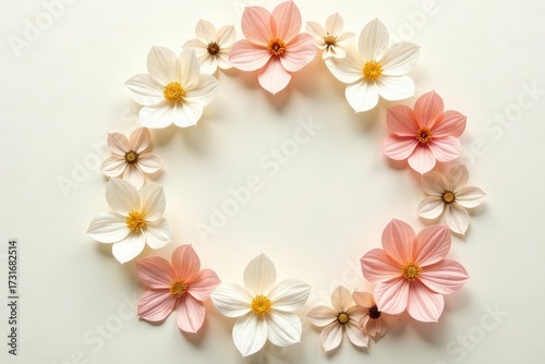 Delicate pastel blossoms arranged in a circular floral frame on a soft cream background, ideal for spring or summer themed designs and projects.