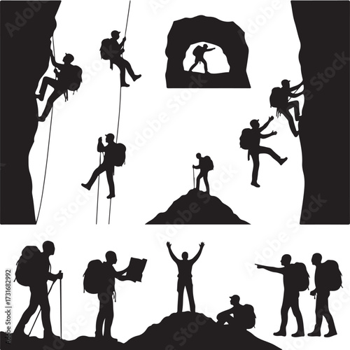 Silhouette climbers conquering majestic cliffs. High-angle silhouette figures ascend and descend formidable rock faces, exuding a spirit of perseverance and achievement.