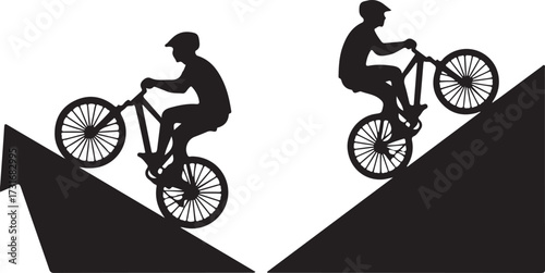 Silhouette Bicycle Ascent: A dynamic illustration showcases two cyclists silhouetted against the ascent of ramps, embodying challenge and movement.