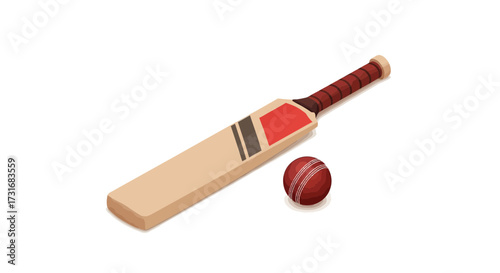 Isometric illustration featuring a cricket bat and ball on white background