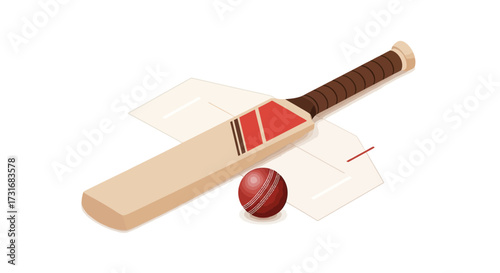 Isometric illustration featuring cricket bat, ball, and batting crease