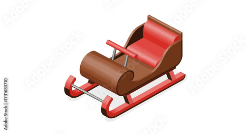 Isometric illustration of classic wooden sleigh with red cushioned seat