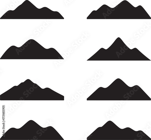 Mountain Silhouette Collection: A striking collection of minimalist mountain silhouettes in black, offering a versatile range of iconic peaks. Perfectly suited for design and outdoor applications.