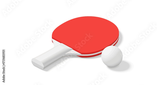 Isometric Red Table Tennis Paddle and Ball Graphic on White Surface