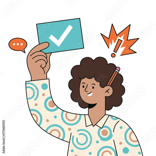 Delighted woman triumphantly holding a checkmark card with vibrant energy, radiating success and positive affirmation, originally a scalable vector graphic
