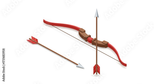 Isometric red bow and arrow isolated archery equipment on white background