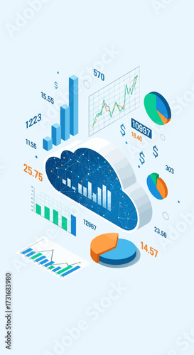Isometric illustration of cloud computing and data analytics with various charts, graphs, and financial data visualizations, representing modern business intelligence and technological infrastructure.