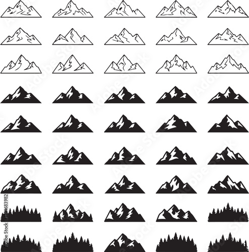Mountain Peaks Icon Set: A diverse assortment of intricately designed mountain peak icons in both line and silhouette styles, providing a comprehensive collection for versatile design applications. 
