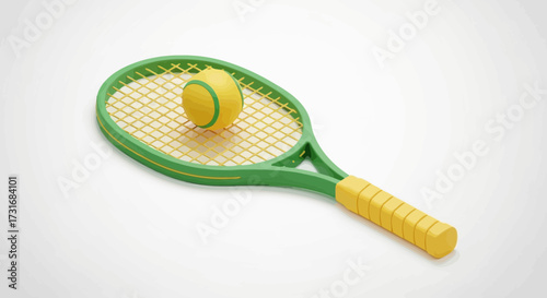 Isometric Tennis Racket and Ball Still Life Illustration on Plain Background
