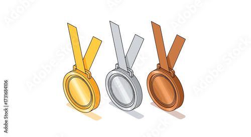 Isometric vector illustration featuring gold, silver, and bronze medals