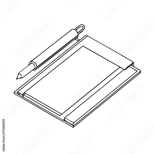 Black and white illustration of graphic tablet with pen 