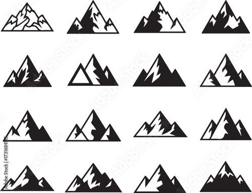 Mountain Collection: A minimalist compilation of mountain range illustrations, showcasing diverse peaks and elevations, perfect for designs seeking simplicity and nature's essence.