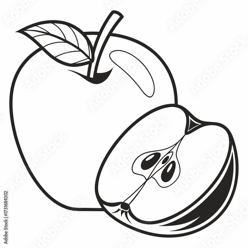 Black and white apple drawing isolated on white background