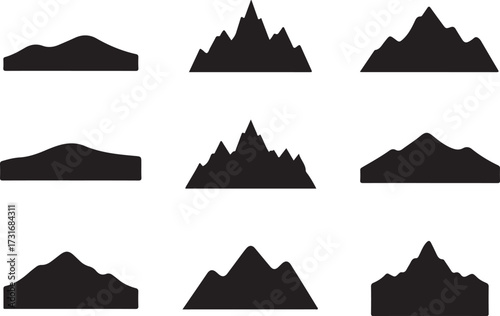 Mountain Silhouette Collection: A collection of meticulously crafted black mountain silhouettes that perfectly captures the essence of nature's grandeur. They symbolize journey and adventure.