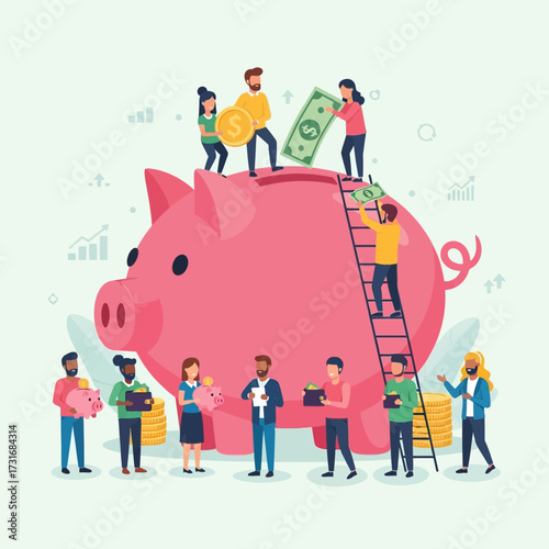 People depositing money into a giant piggy bank, symbolizing savings and financial growth.
