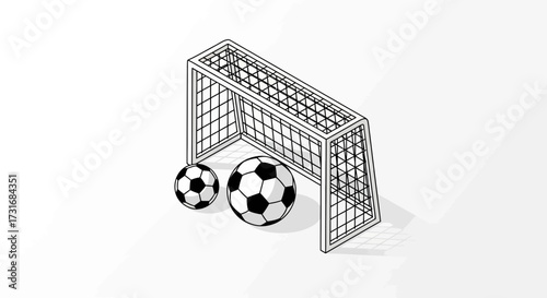 Minimalist artwork featuring soccer balls and a goalpost against white backdrop