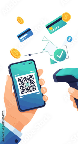 Illustration depicting a hand holding a smartphone with a QR code, payment cards, and a scanner.