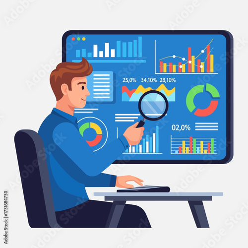 A man analyzing business data and financial reports on a large digital screen with various charts and graphs using a magnifying glass.