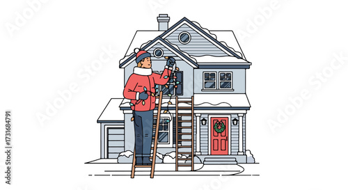 Man decorating a charming house for the holidays, spreading cheer with festive lights amidst a snowy landscape to make the season bright