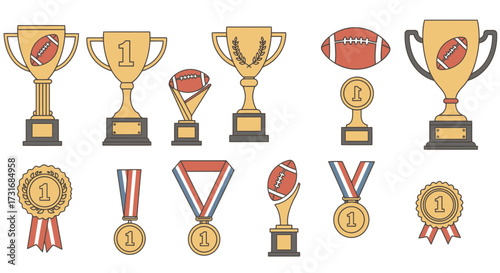 Celebrate Gridiron Glory with this Football Trophy Collection: Perfect for championship designs, super bowl promotions, and victory celebrations, a winning season!