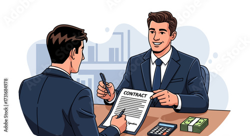 Businessmen signing a contract with money and calculator on the table.
