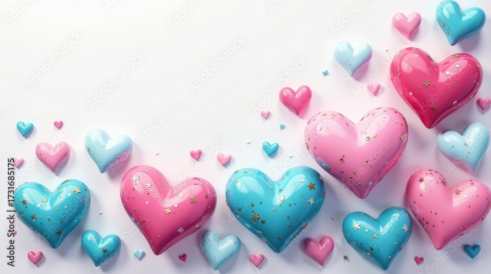 Fototapeta premium A Festive Collection of Sparkling Pink and Blue Hearts on a White Background