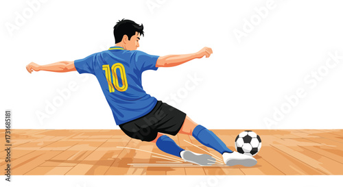 Dynamic soccer illustration depicting a player striking the ball with power and precision while in motion on the field