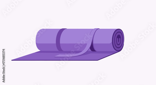 Rolled yoga mat in a purple color on white backdrop for meditation