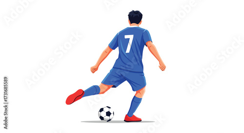 Dynamic football player strikes the ball with power ready to score a goal in vector illustration