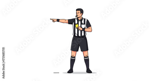 Illustration of a football referee signaling a foul with a yellow card and pointing direction demonstrating authority and control during the game