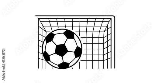 Soccer ball in the net black and white icon, goal achievement concept