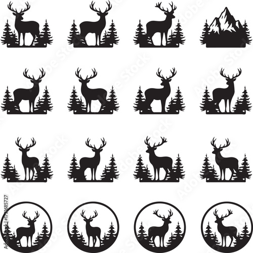 Deer Silhouettes: A collection of deer silhouettes, each exquisitely crafted, standing proudly amidst a backdrop of serene trees and majestic mountains.