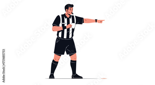 Illustration depicting a stern soccer referee signaling a foul, characterized by black and white striped attire and confident posture