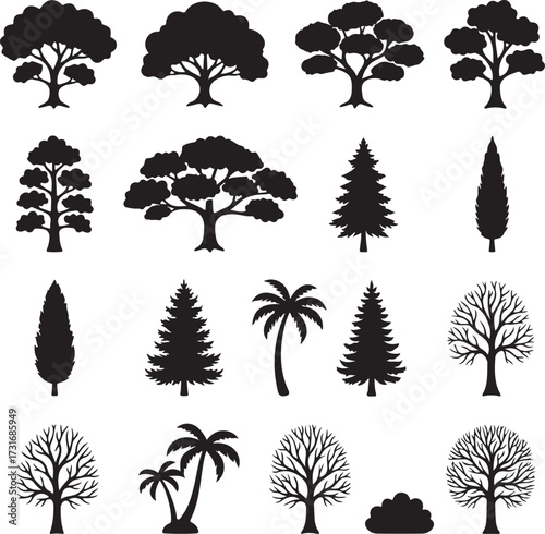 Silhouetted Flora Showcase: A comprehensive array of silhouetted trees showcases various tree species, perfectly rendered against a simple background.