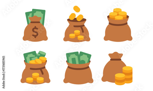 Colorful money bags and coins in flat design style for financial concepts
