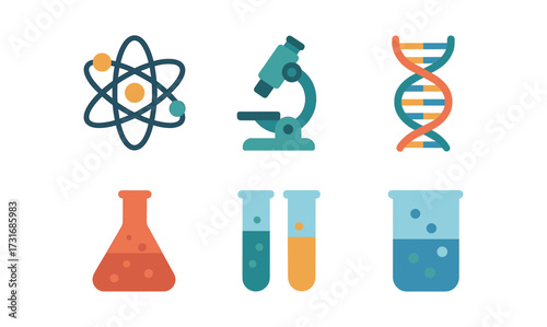 Colorful scientific icons featuring atom, microscope, dna, and lab equipment