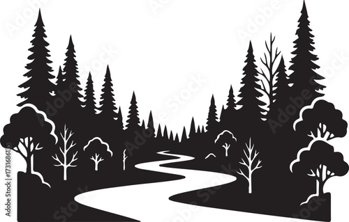 Serene Wilderness Silhouette: A stark black and white silhouette of a winding river through a dense forest of trees, evokes a sense of peace and the unspoiled beauty of nature. 
