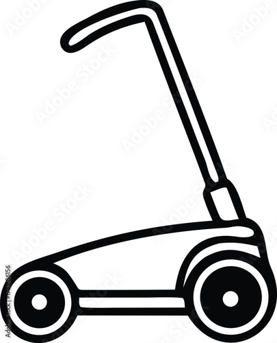 A simple black and white line art vector icon of a manual push lawn mower. This minimalist graphic symbol represents gardening, lawn care, yard work, and landscaping equipment