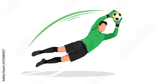 Dynamic goalkeeper leap, securing the soccer ball with precision and agility, illustrating a crucial save in a spirited match scenario
