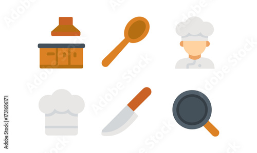Flat kitchen icons: chef, utensils and cooking elements for culinary design