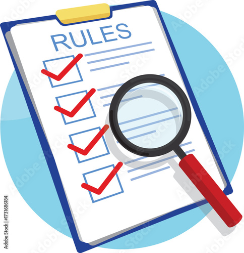 magnifying glass on the rules document illustration for clip art and presentation