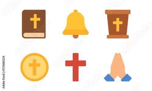 Set of flat religious symbols including cross, bible, and prayer icons